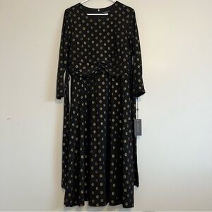 Tommy Hilfiger Long Sleeve Empire Waist Midi Dress Black Gold Polka Dot Sz 12